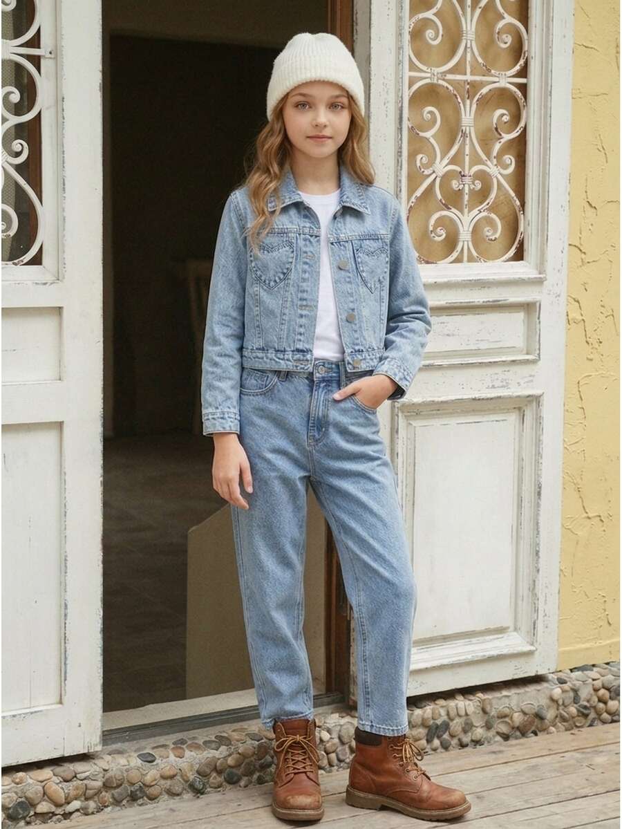 Girls Long Sleeve Lapel Collar Heart Pocket Button Front Denim Jacket Washed Casual Daily Wear Fall Blue