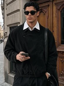 AXEPEAK Men's Woven Fashion Casual Loose Patchwork Open Front Jacket - Black - View 8