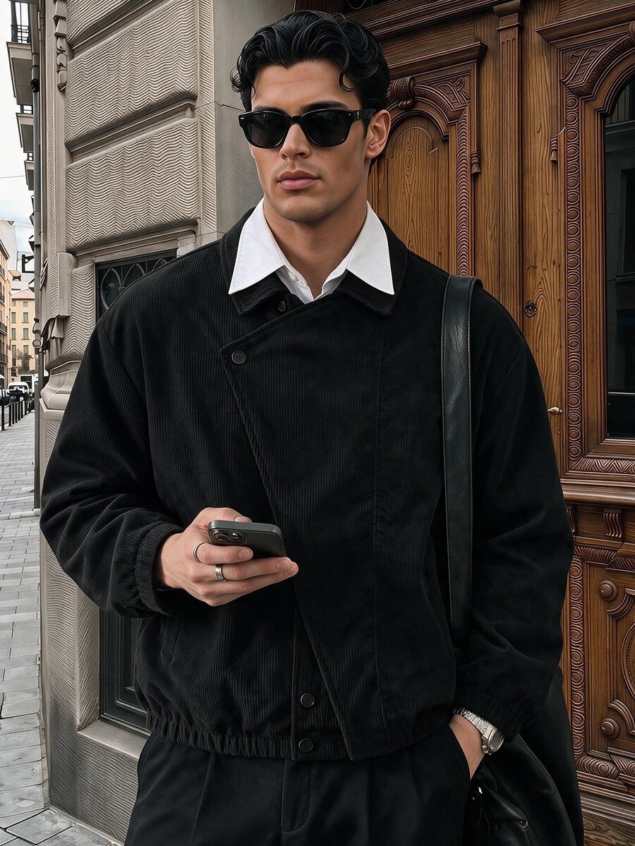 AXEPEAK Men's Woven Fashion Casual Loose Patchwork Open Front Jacket - Black - View 1
