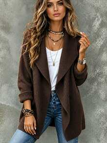 SHEIN Cardigan de cuello en cascada, hombros caídos y frente abierto - Café integral - Ver 8