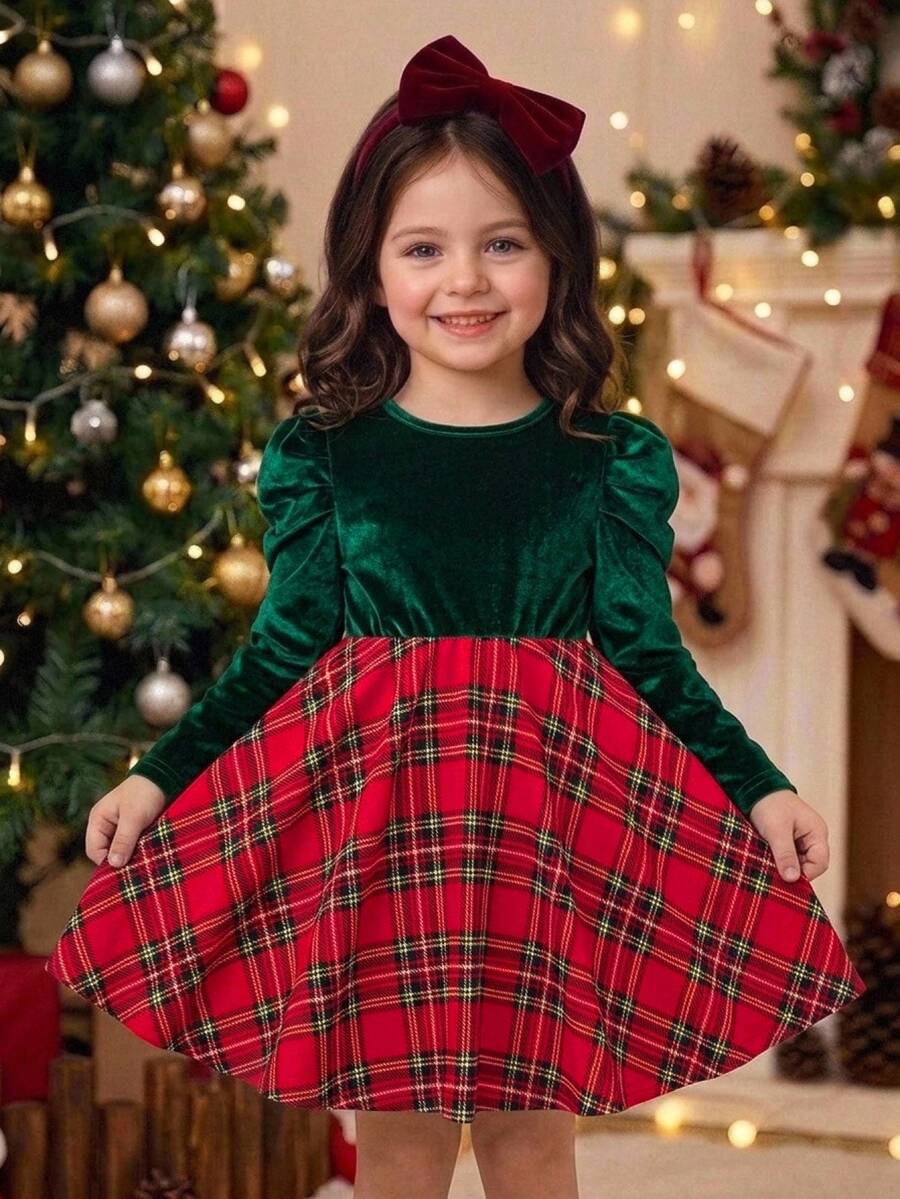 SHEIN Young Girl Patchwork Plaid Hem Round Neck Gigot Sleeve Dress - Multicolor - View 1