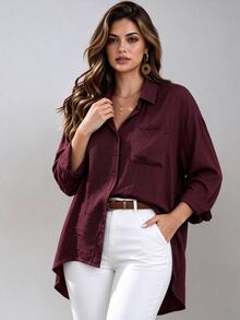 Franclia Plus Size Casual Smart Corset Button-Down Shirt, Simple Elegant Versatile Fashionable Comfortable Formal Office Brunch Dark Green Autumn Fall - Red Violet - View 1