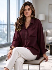Franclia Plus Size Casual Smart Corset Button-Down Shirt, Simple Elegant Versatile Fashionable Comfortable Formal Office Brunch Dark Green Autumn Fall - Red Violet - View 3