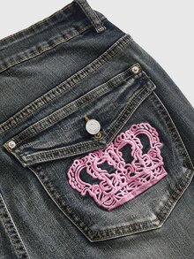 ROMWE Grunge Punk Y2K Millennium Girl Crown Bow Embroidery Plus Size Flare Jeans - Blue - View 6