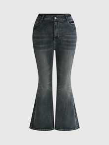 ROMWE Grunge Punk Y2K Millennium Girl Crown Bow Embroidery Plus Size Flare Jeans - Blue - View 3