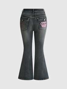 ROMWE Grunge Punk Y2K Millennium Girl Crown Bow Embroidery Plus Size Flare Jeans - Blue - View 2