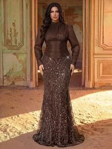 Aureia Plus Size Elegant Luxurious Beaded Sequin Embroidered Lace Pearl Patchwork Elastic Satin Ruched Mermaid Skirt Sheer Sleeves Suitable For Wedding Events Bachelorette Party Vacation Prom Evening Gala Dress (Heavy Workmanship) - Brown - View 1