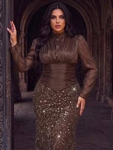 Aureia Plus Size Elegant Luxurious Beaded Sequin Embroidered Lace Pearl Patchwork Elastic Satin Ruched Mermaid Skirt Sheer Sleeves Suitable For Wedding Events Bachelorette Party Vacation Prom Evening Gala Dress (Heavy Workmanship) - Brown - View 2