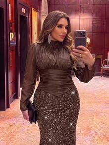 Aureia Plus Size Elegant Luxurious Beaded Sequin Embroidered Lace Pearl Patchwork Elastic Satin Ruched Mermaid Skirt Sheer Sleeves Suitable For Wedding Events Bachelorette Party Vacation Prom Evening Gala Dress (Heavy Workmanship) - Brown - View 4