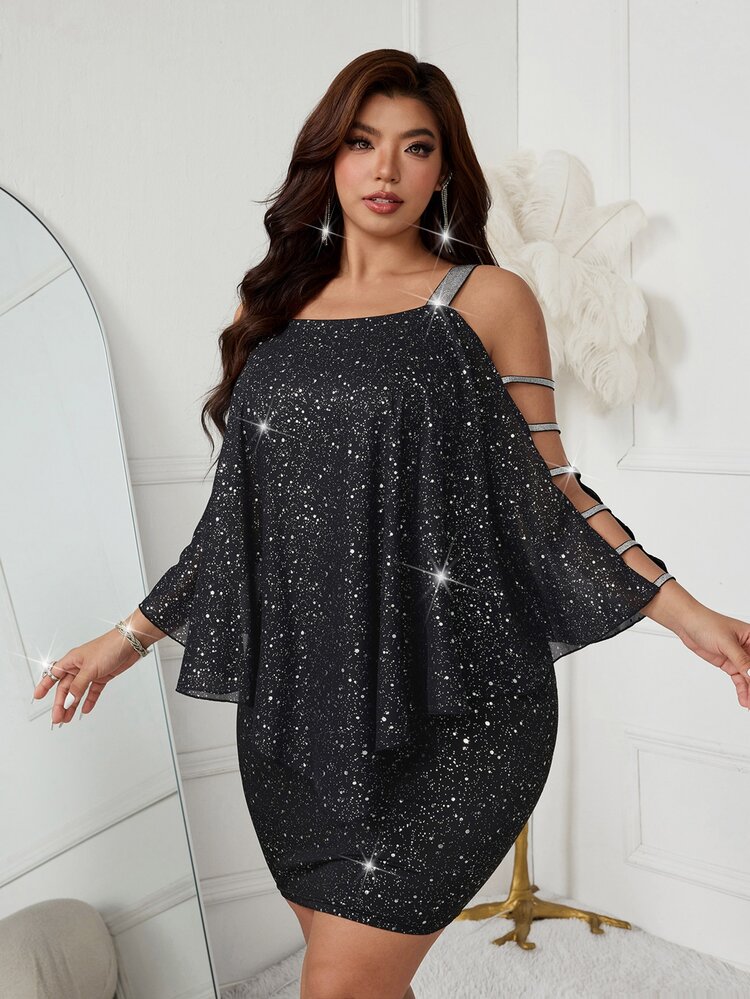 Femmeverse Plus Size Women's Knit Patchwork Chiffon Fitted Short Dress - Black - View 3