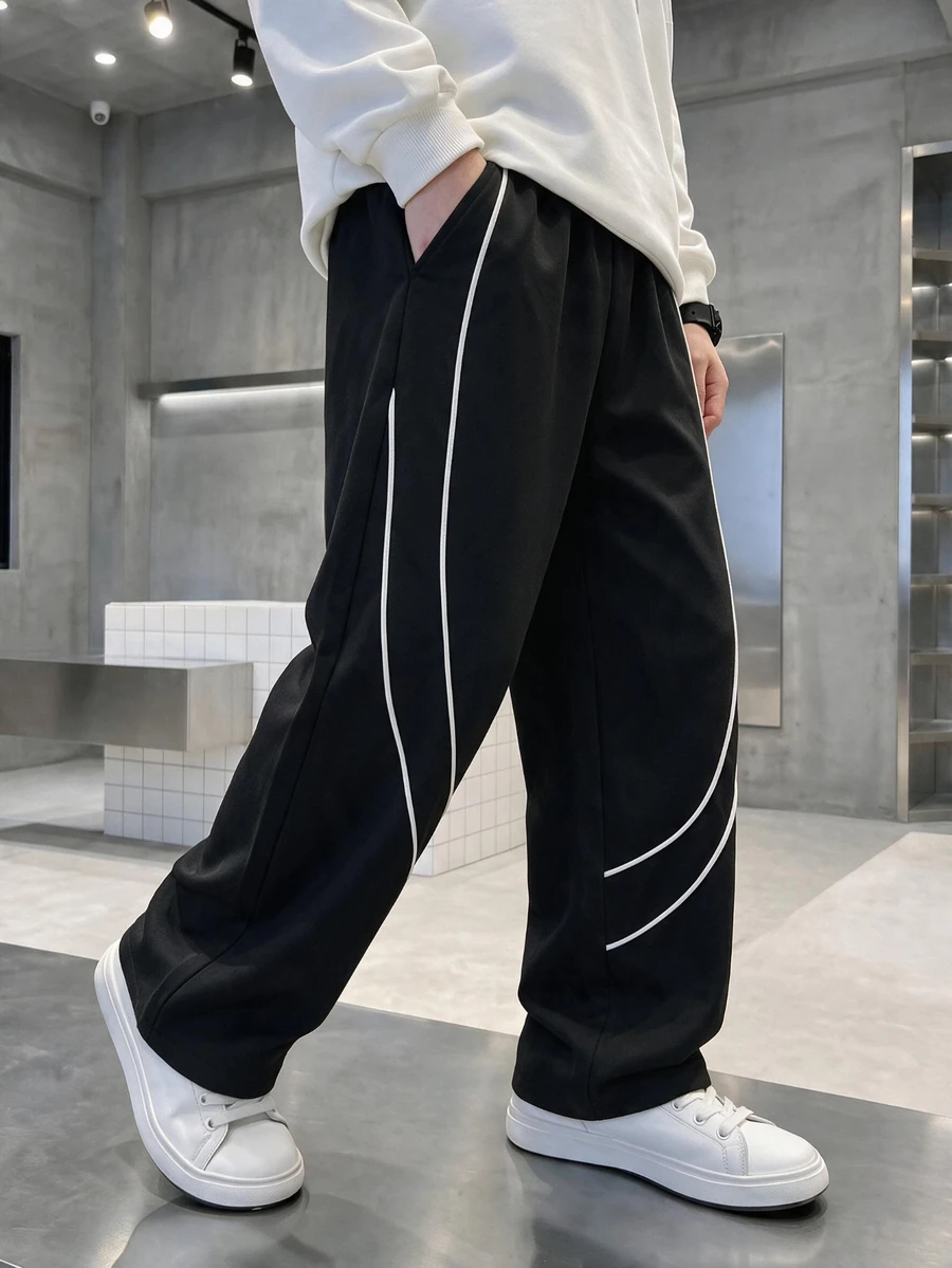 青少年男孩黑白時尚拼色拼接飾邊刺繡梭織直筒褲,新品上市,秋季/校園運動街頭風寬鬆褲 - 黑色 - 查看 1
