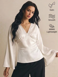 Poéselle Women's Solid Color V-Neck Versatile Long Sleeve Top For Daily Wear Dinner Night Out Cream White Fall Sexy - Apricot - View 1
