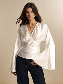 Poéselle Women's Solid Color V-Neck Versatile Long Sleeve Top For Daily Wear Dinner Night Out Cream White Fall Sexy - Apricot - View 6