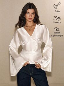 Poéselle Women's Solid Color V-Neck Versatile Long Sleeve Top For Daily Wear Dinner Night Out Cream White Fall Sexy - Apricot - View 5
