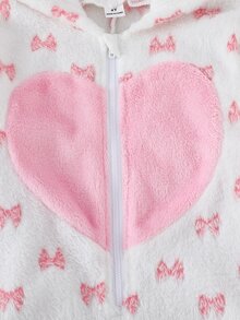 女童幼兒可愛俏皮秋冬雙面法蘭絨連帽拉鍊連身家居服，黑白奶牛紋與白色蝴蝶結印花，胸前大心裝飾，寬鬆柔軟保暖舒適居家睡衣，FW 抓絨內裡保暖 - 淺粉色 - 查看 6