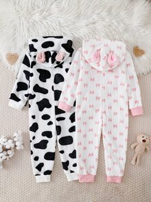 女童幼兒可愛俏皮秋冬雙面法蘭絨連帽拉鍊連身家居服，黑白奶牛紋與白色蝴蝶結印花，胸前大心裝飾，寬鬆柔軟保暖舒適居家睡衣，FW 抓絨內裡保暖 - 淺粉色 - 查看 3