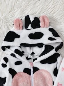 女童幼兒可愛俏皮秋冬雙面法蘭絨連帽拉鍊連身家居服，黑白奶牛紋與白色蝴蝶結印花，胸前大心裝飾，寬鬆柔軟保暖舒適居家睡衣，FW 抓絨內裡保暖 - 淺粉色 - 查看 4