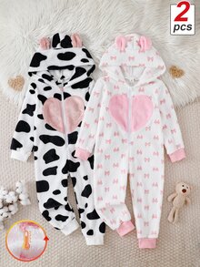 女童幼兒可愛俏皮秋冬雙面法蘭絨連帽拉鍊連身家居服，黑白奶牛紋與白色蝴蝶結印花，胸前大心裝飾，寬鬆柔軟保暖舒適居家睡衣，FW 抓絨內裡保暖 - 淺粉色 - 查看 2
