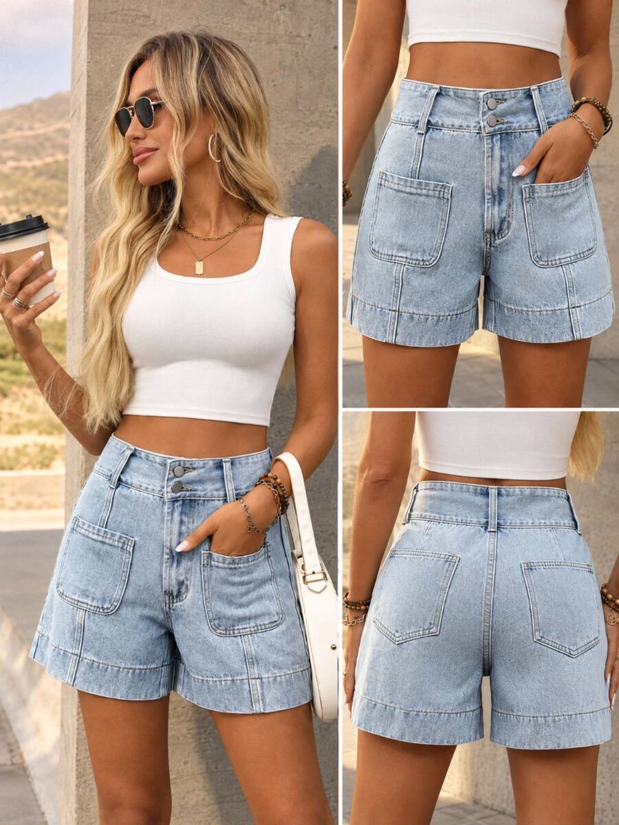 Flexra Women's Solid Color Button Pocket Casual Fashion Denim Shorts Vacation Light Blue Summer - Blue - View 1