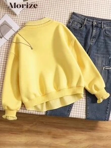 SHEIN 青少年女孩秋季衛衣，休閒街頭風市中心女孩大學風，2合1襯衫領數字字母印花豹紋寬鬆款 - 黃色 - 查看 2