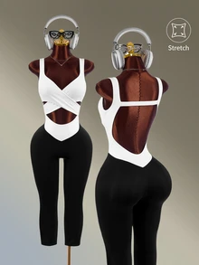 Amplova Women's Colorblock Casual Daily Outdoor Sports Jumpsuit Sexy Elegant Spring Autumn Black And White Backless Yoga Gym Workout Fitness Pilates Cropped - Black and White - View 9