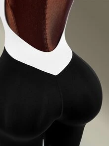 Amplova Women's Colorblock Casual Daily Outdoor Sports Jumpsuit Sexy Elegant Spring Autumn Black And White Backless Yoga Gym Workout Fitness Pilates Cropped - Black and White - View 7