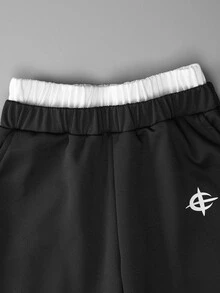 SHEIN 1件男童時尚高街街頭風圖案寬鬆寬腿針織長褲，舒適面料，百搭配色，適合學校與秋季運動，黑色 - 黑色 - 查看 5