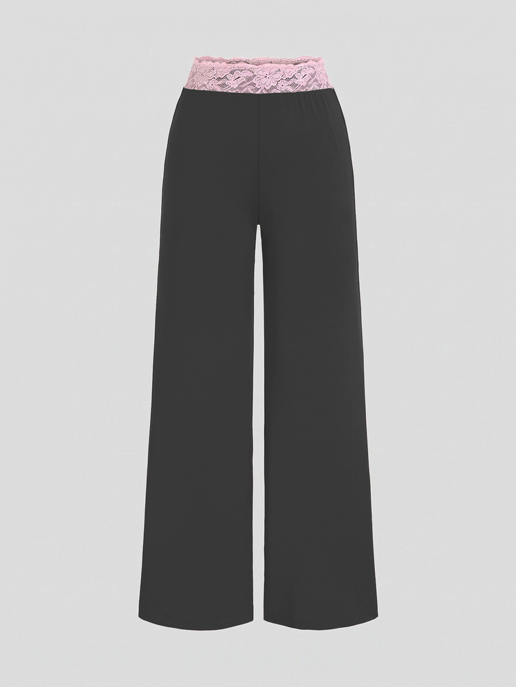 Sweetra Women's Lace Trim V-Neck Long Sleeve Solid Color T-Shirt And Flare Pants, Autumn Outfit, 2 Pieces Set Lounge Everyday Black And Pink Cute Casual - Dark Grey - View 4