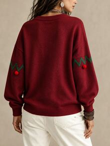 SHEIN Franclia 女款秋冬聖誕樹圖案圓領針織毛衣 裝飾毛球長袖套頭衫 - 紅色 - 查看 2