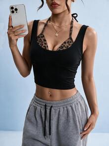 SHEIN Sovereign Charm Women's Leopard Print 2 In 1 Sports Tank Top - Black - View 9