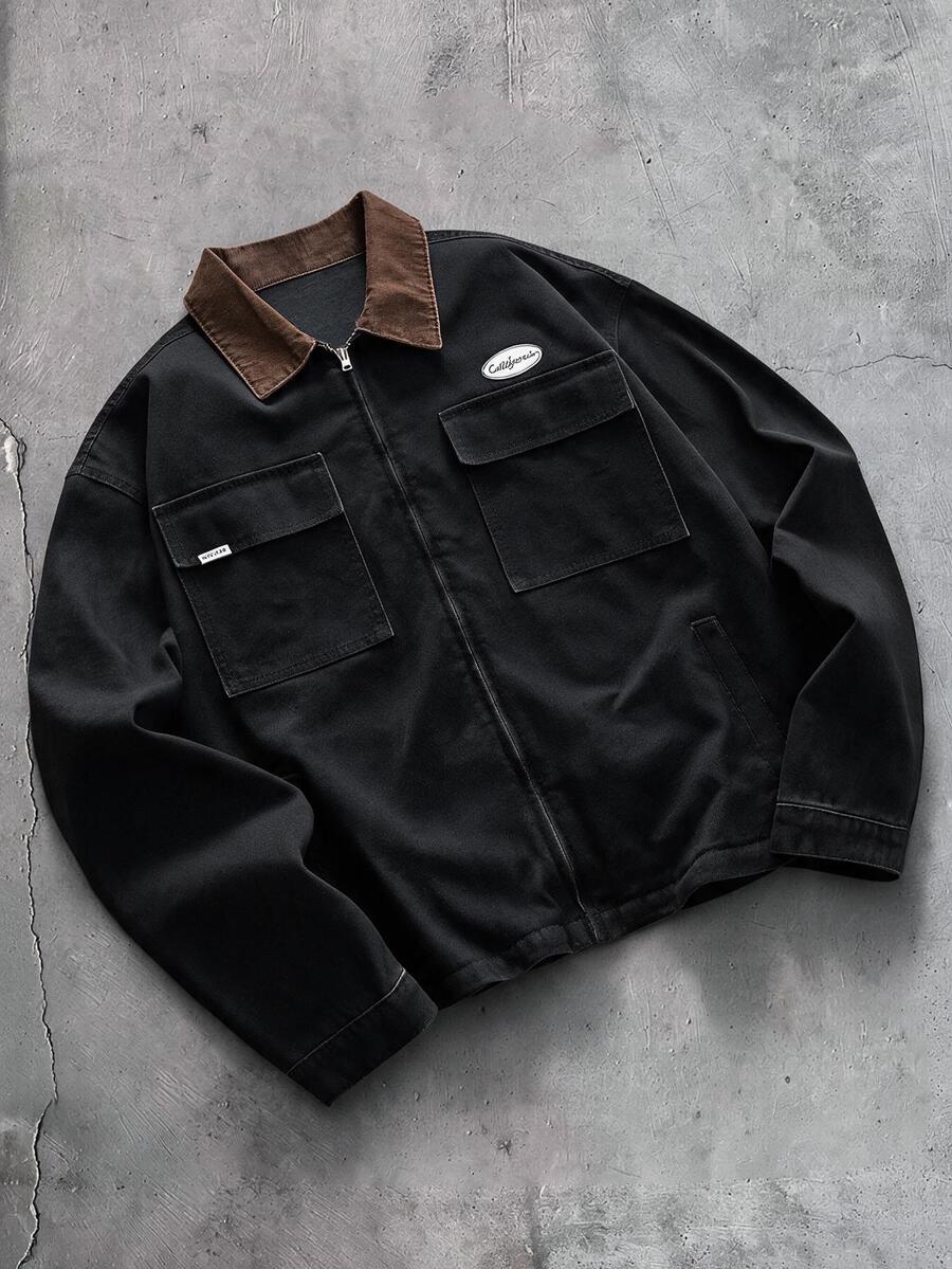 AXEPEAK Men's Fashion Casual Streetwear Colorblock Washed Denim Jacket, Flap Pocket, Grunge, Urban, Work Going Out Vacation Black Fall - Black - View 1