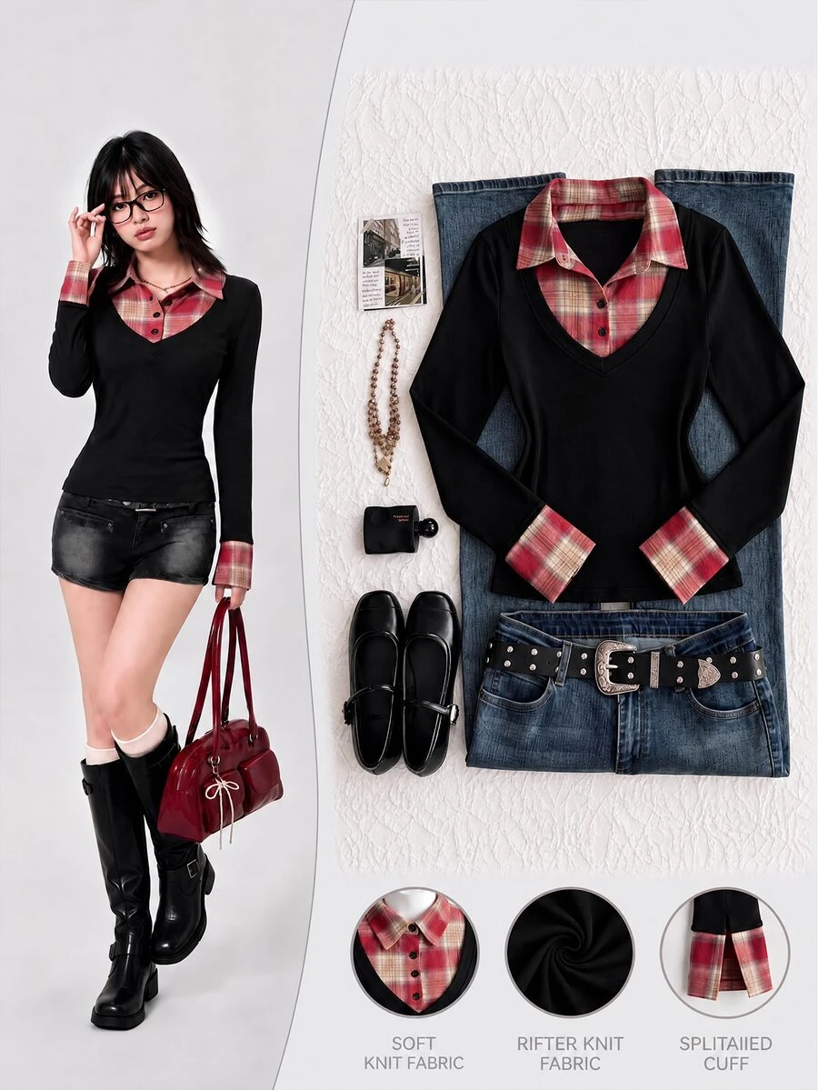Elamini 2026 New Women's Shirt: Fake Two-Piece Design With Red Checkered Pattern, Perfect For Halloween, Christmas, Casual Daily Wear, And Academic Style Y2K