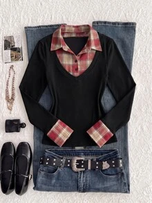 Elamini 2026 New Women's Shirt: Fake Two-Piece Design With Red Checkered Pattern, Perfect For Halloween, Christmas, Casual Daily Wear, And Academic Style Y2K - Black - View 9