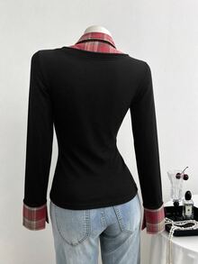 Elamini 2026 New Women's Shirt: Fake Two-Piece Design With Red Checkered Pattern, Perfect For Halloween, Christmas, Casual Daily Wear, And Academic Style Y2K - Black - View 3
