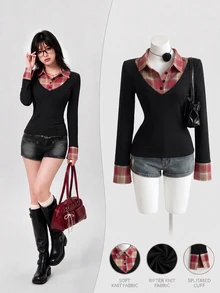 Elamini 2026 New Women's Shirt: Fake Two-Piece Design With Red Checkered Pattern, Perfect For Halloween, Christmas, Casual Daily Wear, And Academic Style Y2K - Black - View 4