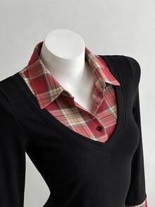 Elamini 2026 New Women's Shirt: Fake Two-Piece Design With Red Checkered Pattern, Perfect For Halloween, Christmas, Casual Daily Wear, And Academic Style Y2K - Black - View 8