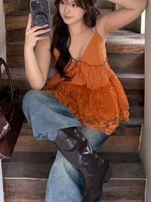 Dazy Plus Lace Patchwork Orange Spring/Summer Comfortable Korean Style Camisole Blouse - Orange - View 1