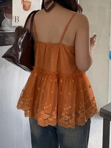 Dazy Plus Lace Patchwork Orange Spring/Summer Comfortable Korean Style Camisole Blouse - Orange - View 2
