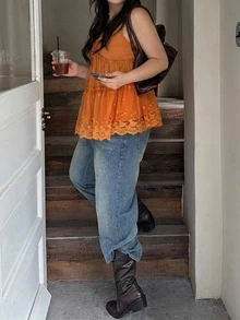 Dazy Plus Lace Patchwork Orange Spring/Summer Comfortable Korean Style Camisole Blouse - Orange - View 3
