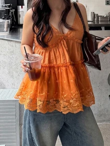 Dazy Plus Lace Patchwork Orange Spring/Summer Comfortable Korean Style Camisole Blouse - Orange - View 5