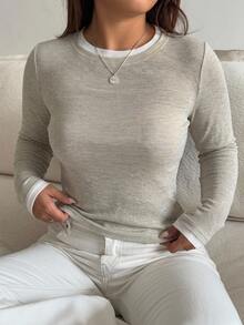 Dazy Plus Patchwork Colorblock 2 In 1 Crew Neck Long Sleeve Casual Street Vacation Spring Autumn Base Layer T-Shirt - Grey - View 2