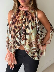 Aloruh Boho Stand Collar Tie Long Sleeve Flared Asymmetrical Hem Chiffon Printed Women's Blouse - Multicolor - View 9