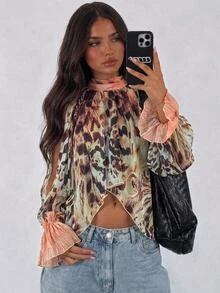 Aloruh Boho Stand Collar Tie Long Sleeve Flared Asymmetrical Hem Chiffon Printed Women's Blouse - Multicolor - View 3