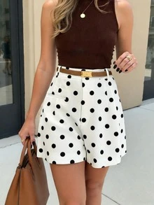 INAWLY Women's Elegant Commuter Polka Dot Print Casual Shorts, Summer - Black and White - View 5