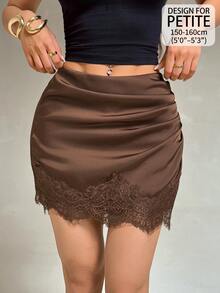 SHEIN PETITE Women's Mini Skirt With Lace Trim, Colorblock Satin Fabric And Ruched Decor - Brown - View 6