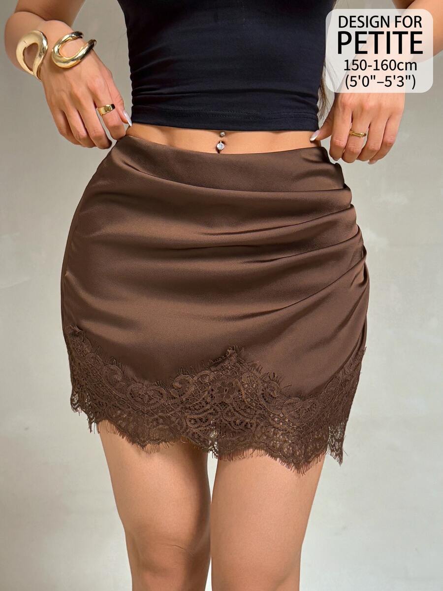 SHEIN PETITE Women's Mini Skirt With Lace Trim, Colorblock Satin Fabric And Ruched Decor - Brown - View 1