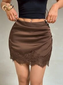 SHEIN PETITE Women's Mini Skirt With Lace Trim, Colorblock Satin Fabric And Ruched Decor - Brown - View 7
