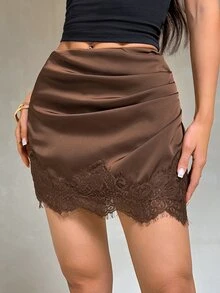 SHEIN PETITE Women's Mini Skirt With Lace Trim, Colorblock Satin Fabric And Ruched Decor - Brown - View 3