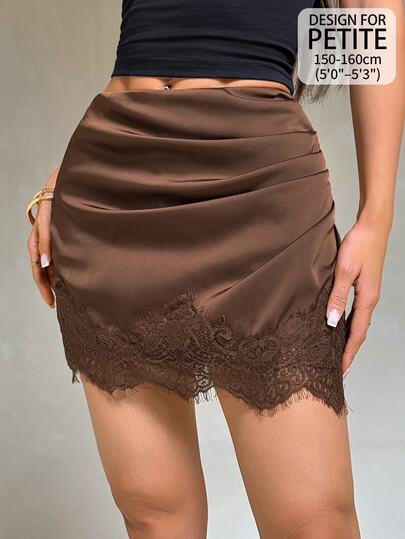 SHEIN PETITE Women's Mini Skirt With Lace Trim, Colorblock Satin Fabric And Ruched Decor