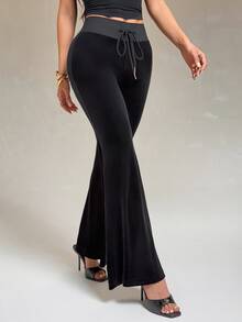 SHEIN PETITE Sexy Letter Rhinestone Low Waist Long Pants - Black - View 4